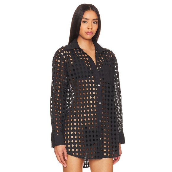 SOLID & STRIPED Black Cotton Eyelet Oxford Tunic Button Up Cover-Up, Size S - Picture 3 of 14